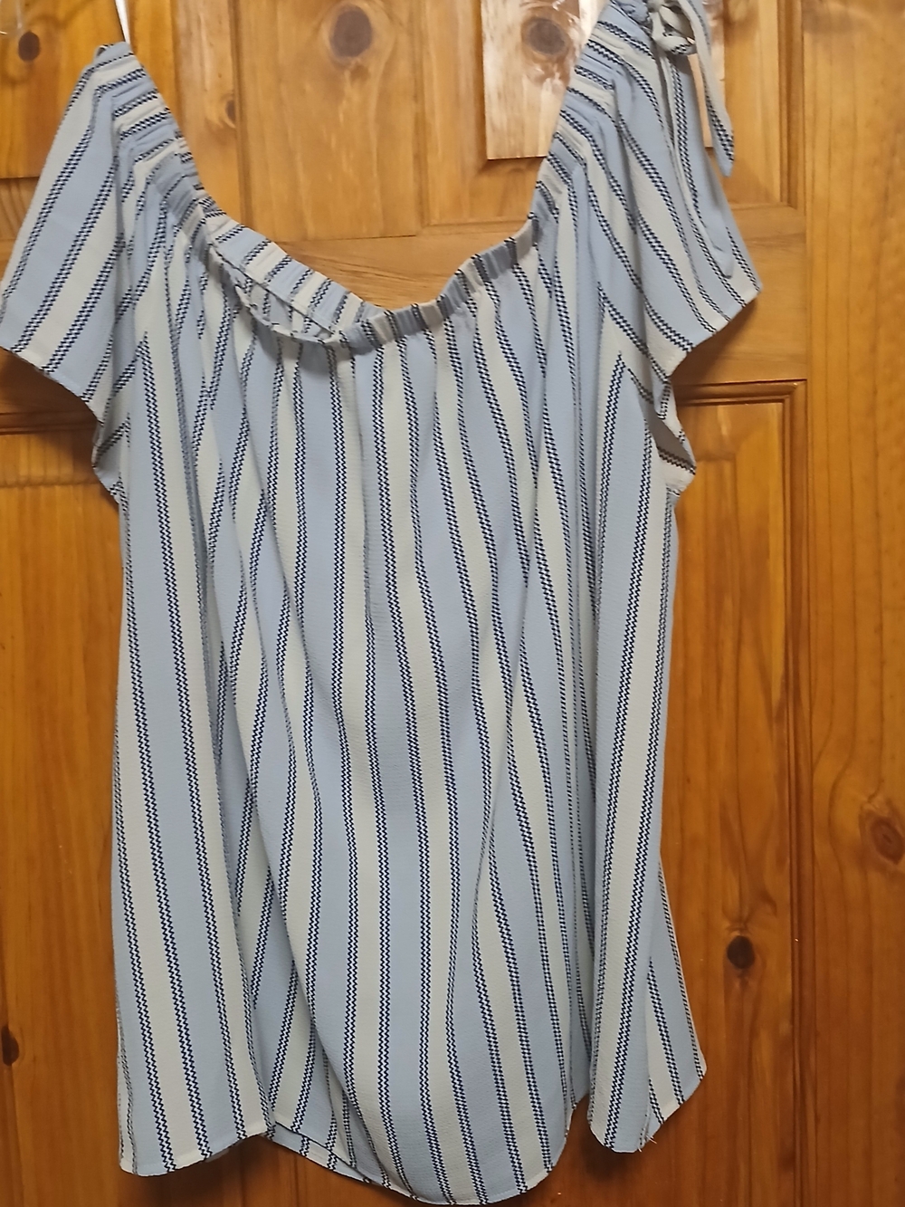 AUW Light Blue and White Striped Off-Shoulder Top